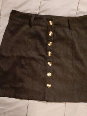 Button-Front Black Suede Mini Skirt with Gold Buttons